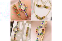 GOLD STAINLESS STEEL WATCH BRACELET NECKLACE AND...